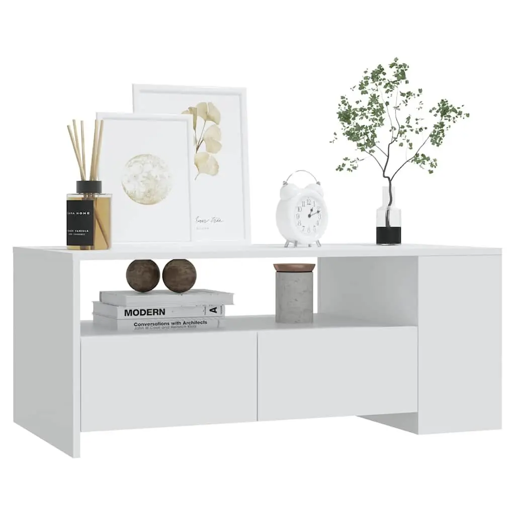 Coffee Table for Living Room White Storage Shelf Drawers Compartments 102L x 55W x 42H cm