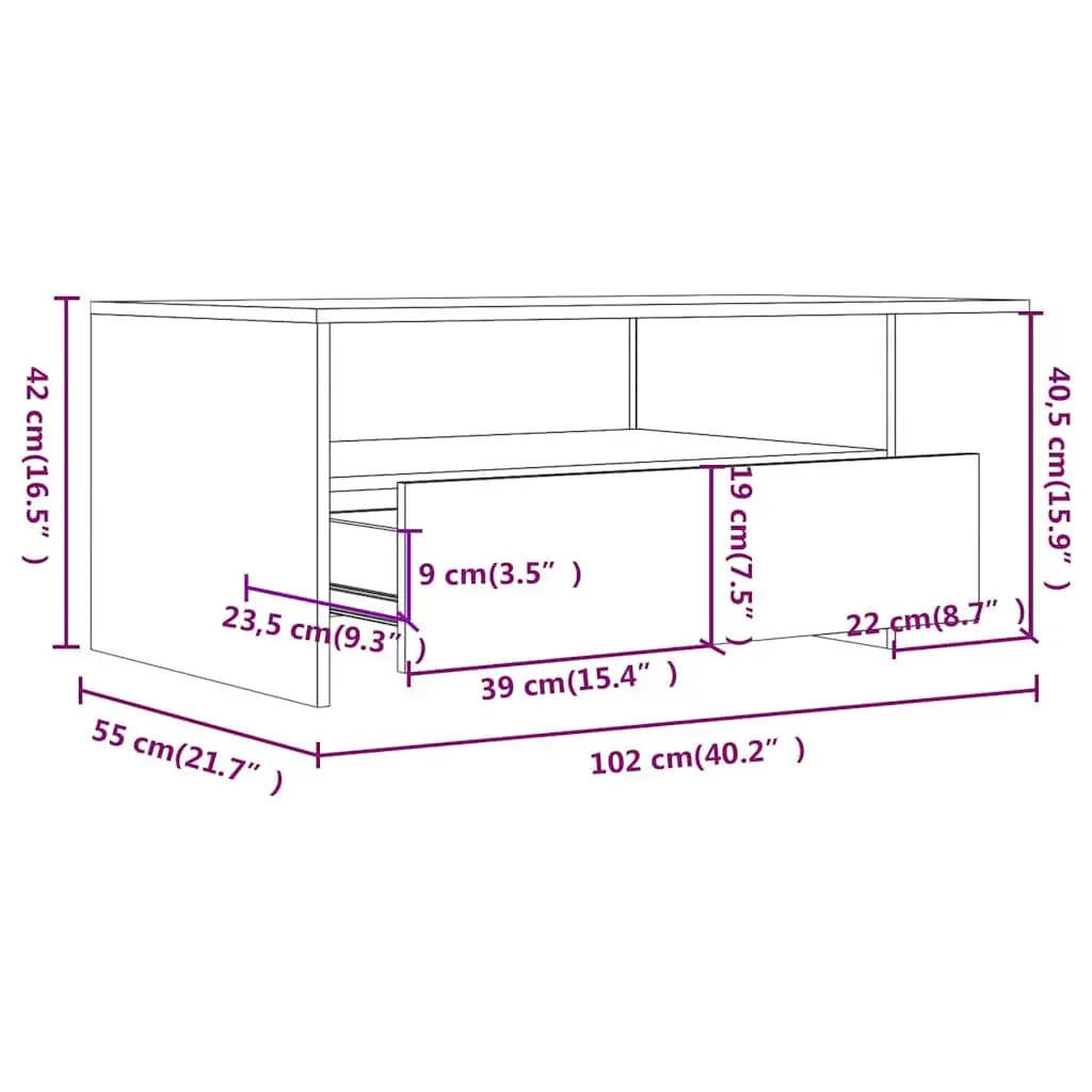 Coffee Table for Living Room White Storage Shelf Drawers Compartments 102L x 55W x 42H cm
