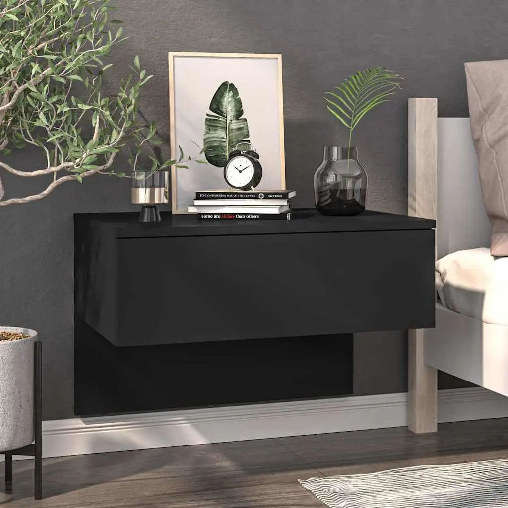 Black Wall-mounted Bedside Cabinets Set