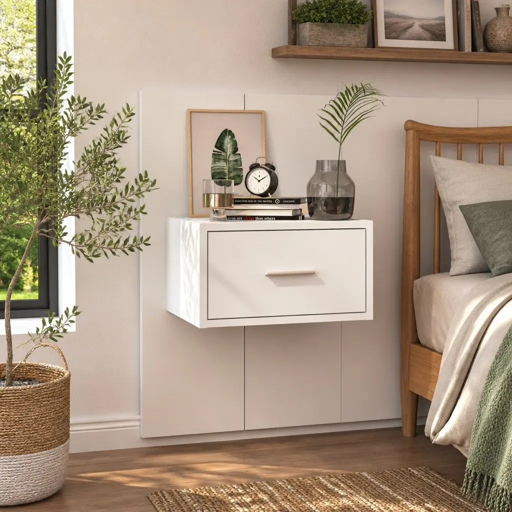 White Engineered Wood Bedside Cabinet with Drawer