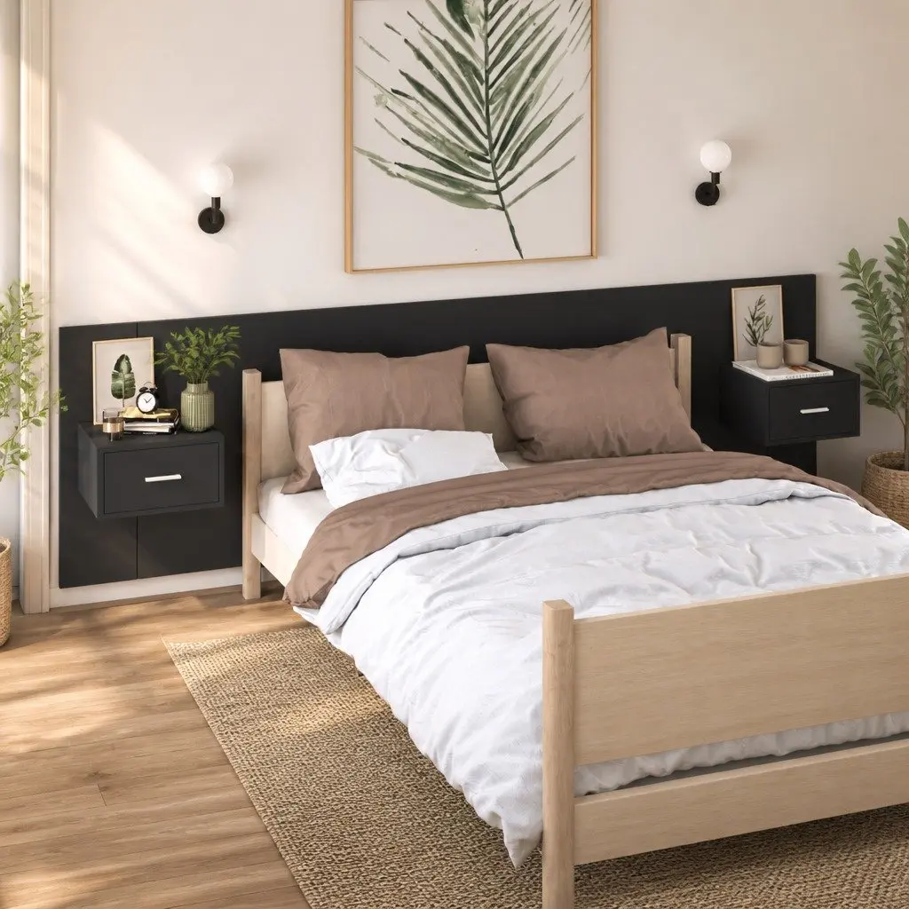 Wall-mounted Bedside Cabinets Black Floating Storage Drawer Bedroom 2 Piece