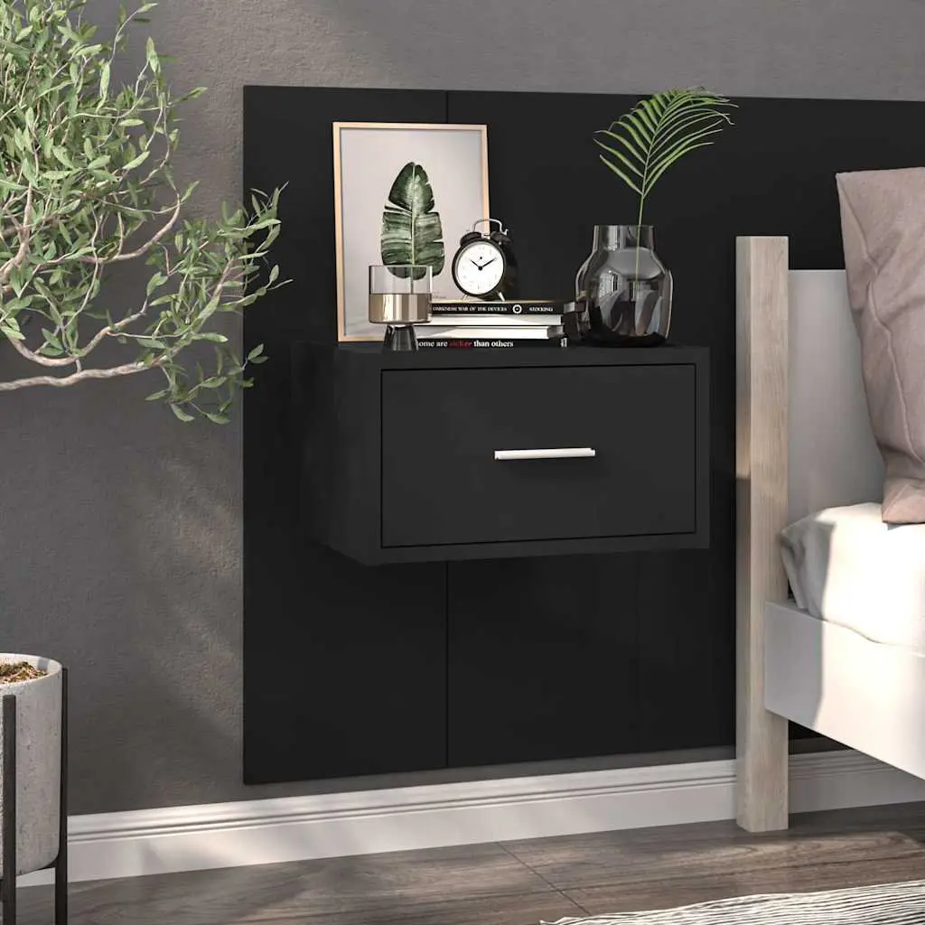 Wall-mounted Bedside Cabinets Black Floating Storage Drawer Bedroom 2 Piece