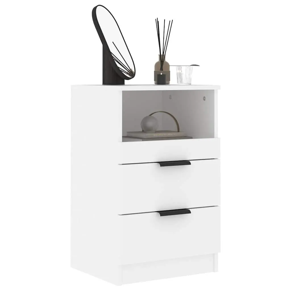 White Engineered Wood Nightstand Bedside Cabinet 2 Drawer 1 Compartment Storage