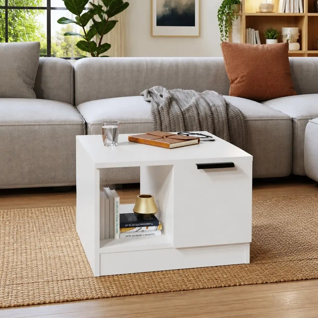 Coffee Table White Storage Compartments Living Room Side Table Accent Furniture
