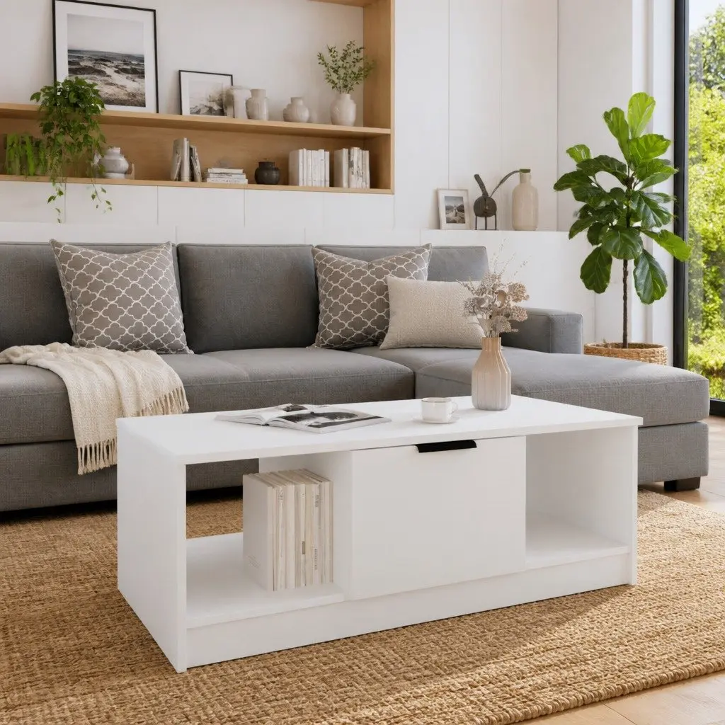 Coffee Table with Storage Compartments Living Room Accent Furniture White