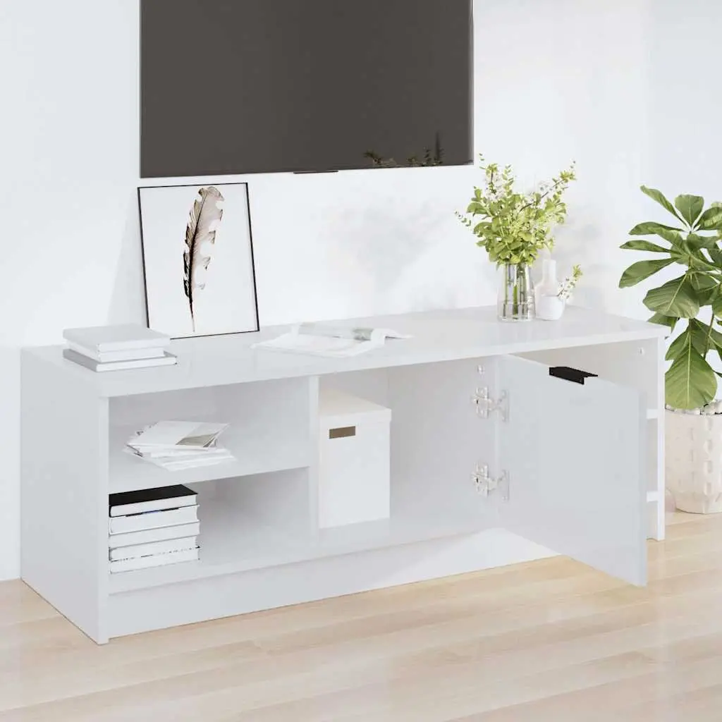 TV Cabinet for Living Room White High Gloss Engineered Wood Storage Unit Media Console 102 x 35.5 x 36.5 cm