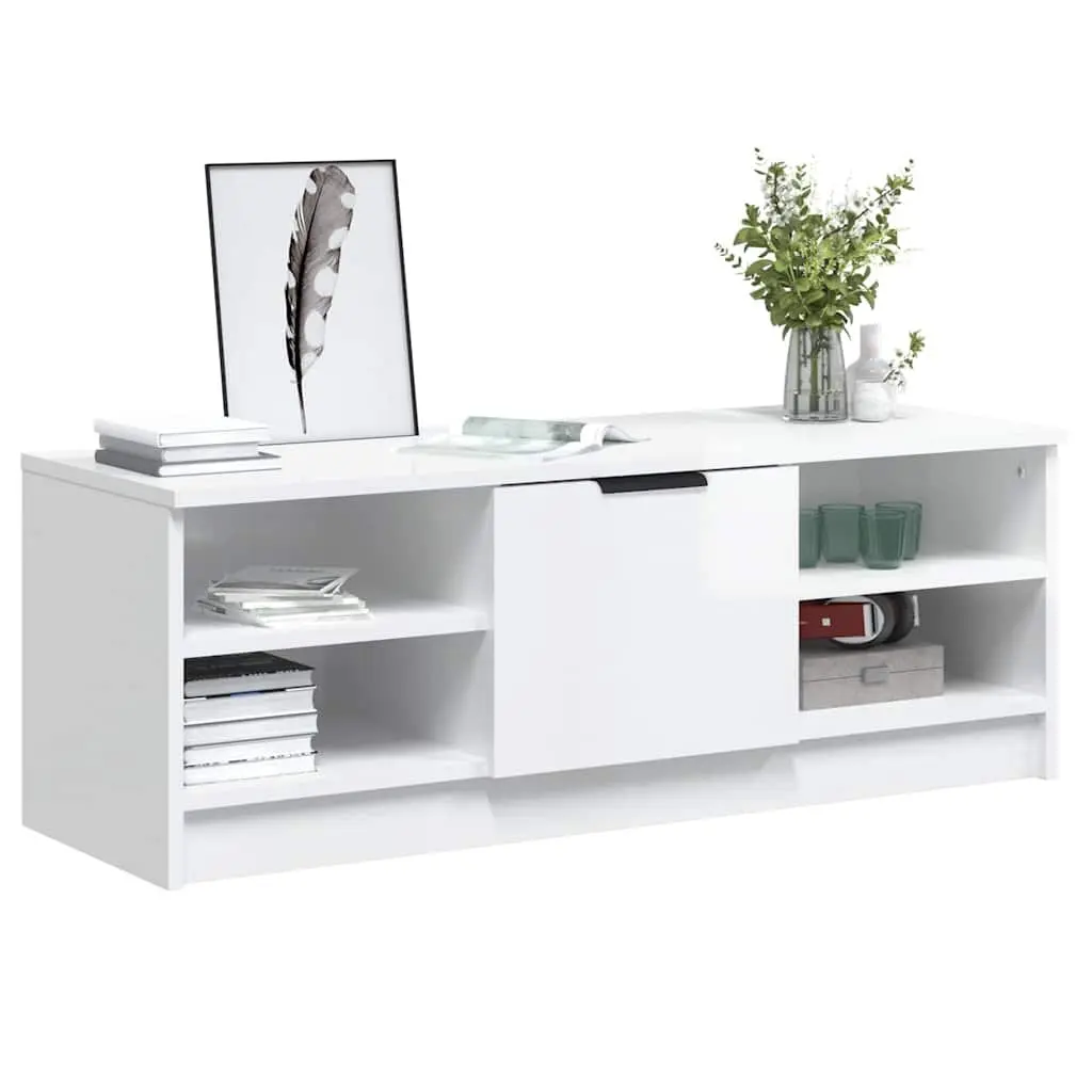 TV Cabinet for Living Room White High Gloss Engineered Wood Storage Unit Media Console 102 x 35.5 x 36.5 cm