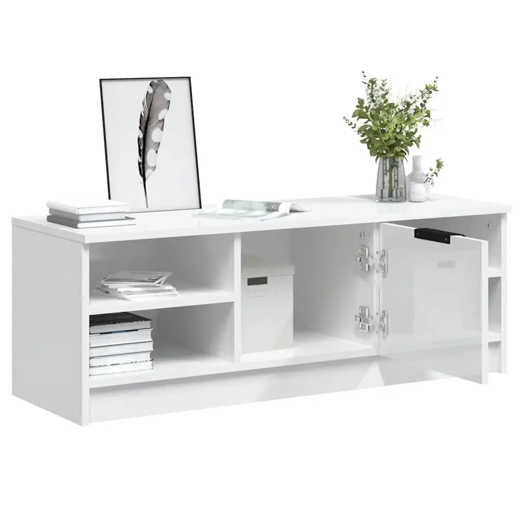 TV Cabinet for Living Room White High Gloss Engineered Wood Storage Unit Media Console 102 x 35.5 x 36.5 cm