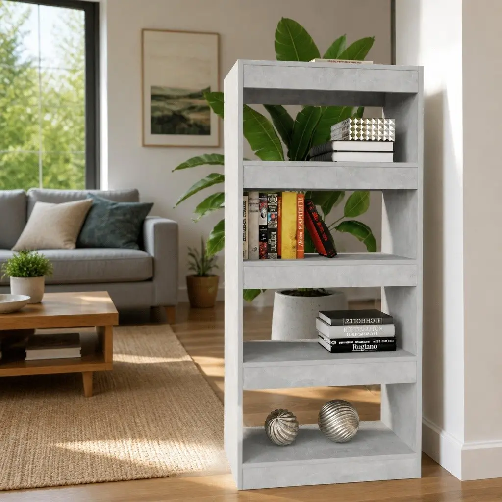 Grey Engineered Wood Bookcase Storage Shelf Room Divider for Organizing Books and Décor 60W x 30D x 135H cm