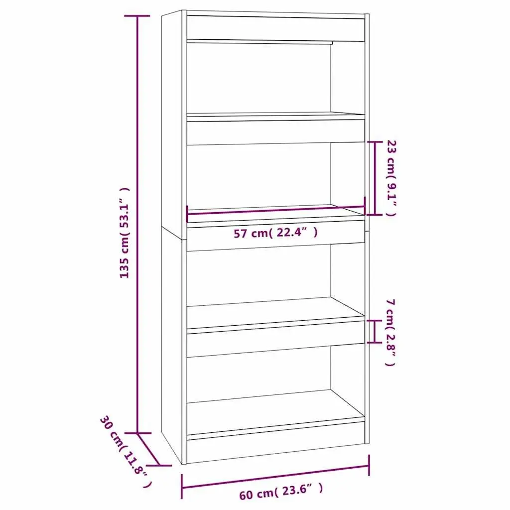 Grey Engineered Wood Bookcase Storage Shelf Room Divider for Organizing Books and Décor 60W x 30D x 135H cm