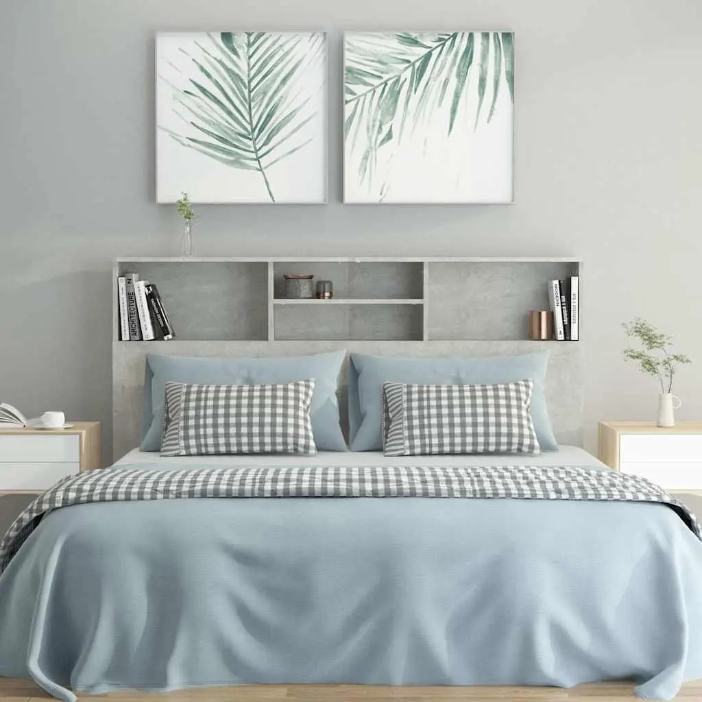 Grey Wall-Mounted Bookcase Headboard Cabinet for Bedroom Storage with Four Compartments 160x19x1035cm
