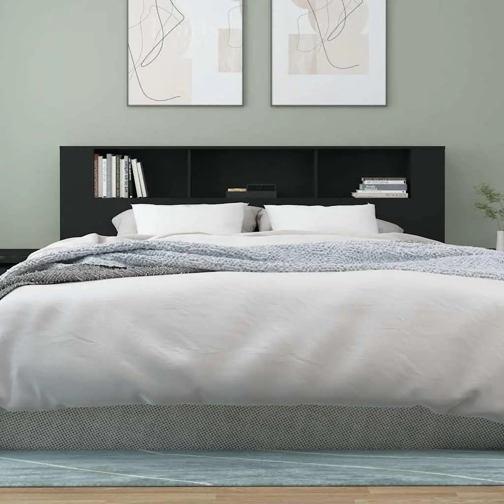 Headboard Cabinet Black Wall-Mount Storage Bedroom 200cm
