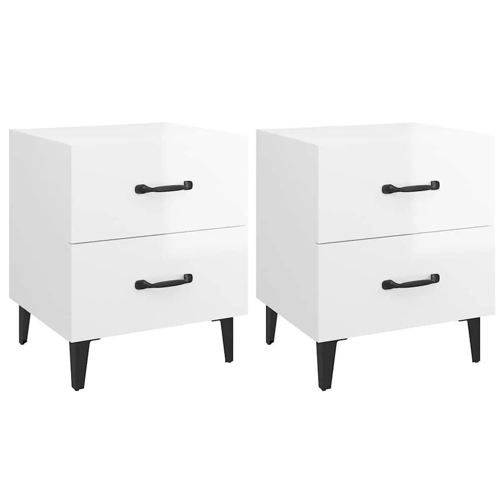 Bedside Cabinets 2 pcs White High Gloss Storage Drawers Metal Legs Side Table