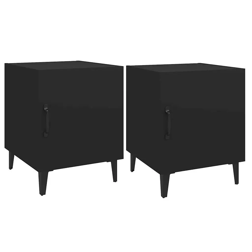 Bedside Cabinet Black Engineered Wood 2 Piece Nightstand Storage Organiser