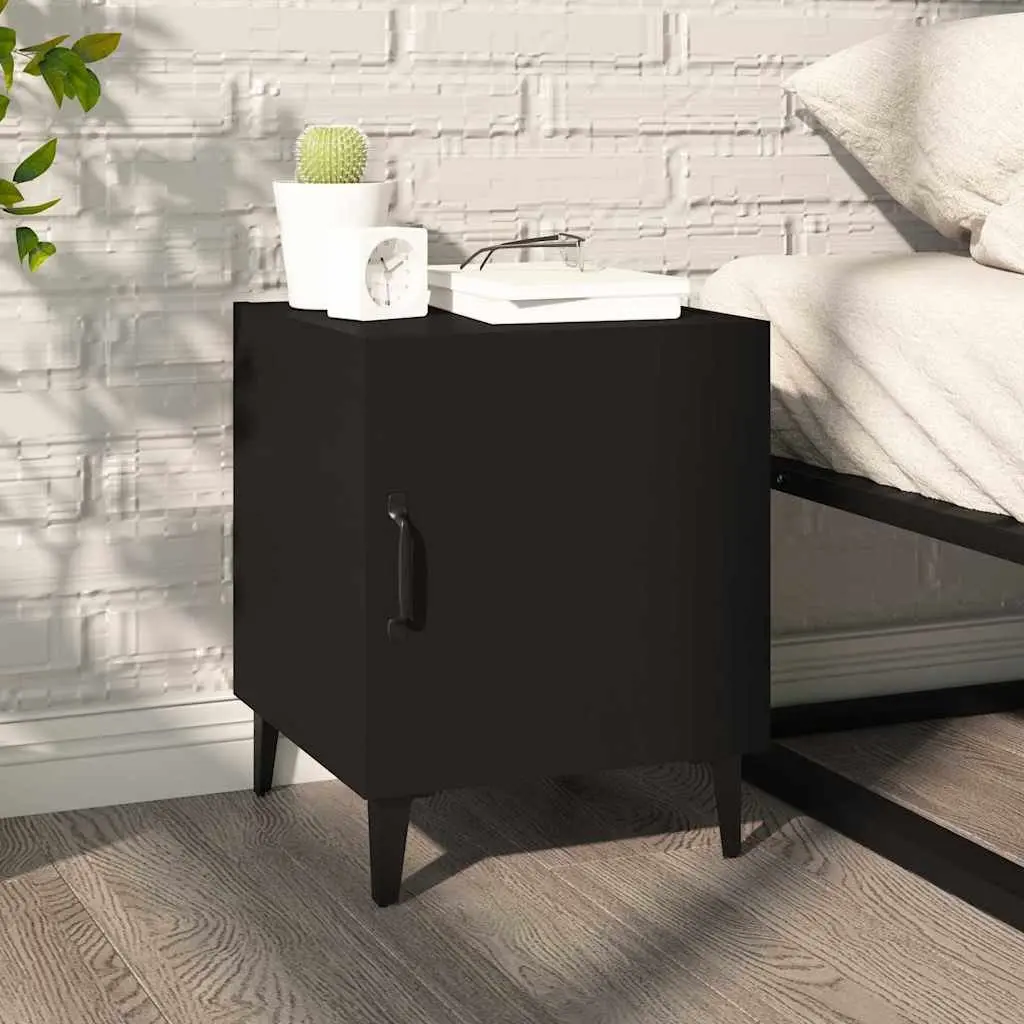 Bedside Cabinet Black Engineered Wood 2 Piece Nightstand Storage Organiser