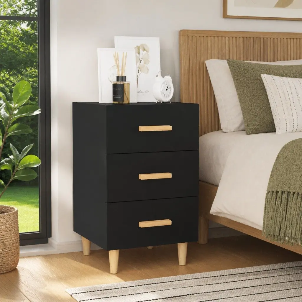 Bedside Cabinet Black 3 Drawer Nightstand Storage Table Bedroom Furniture