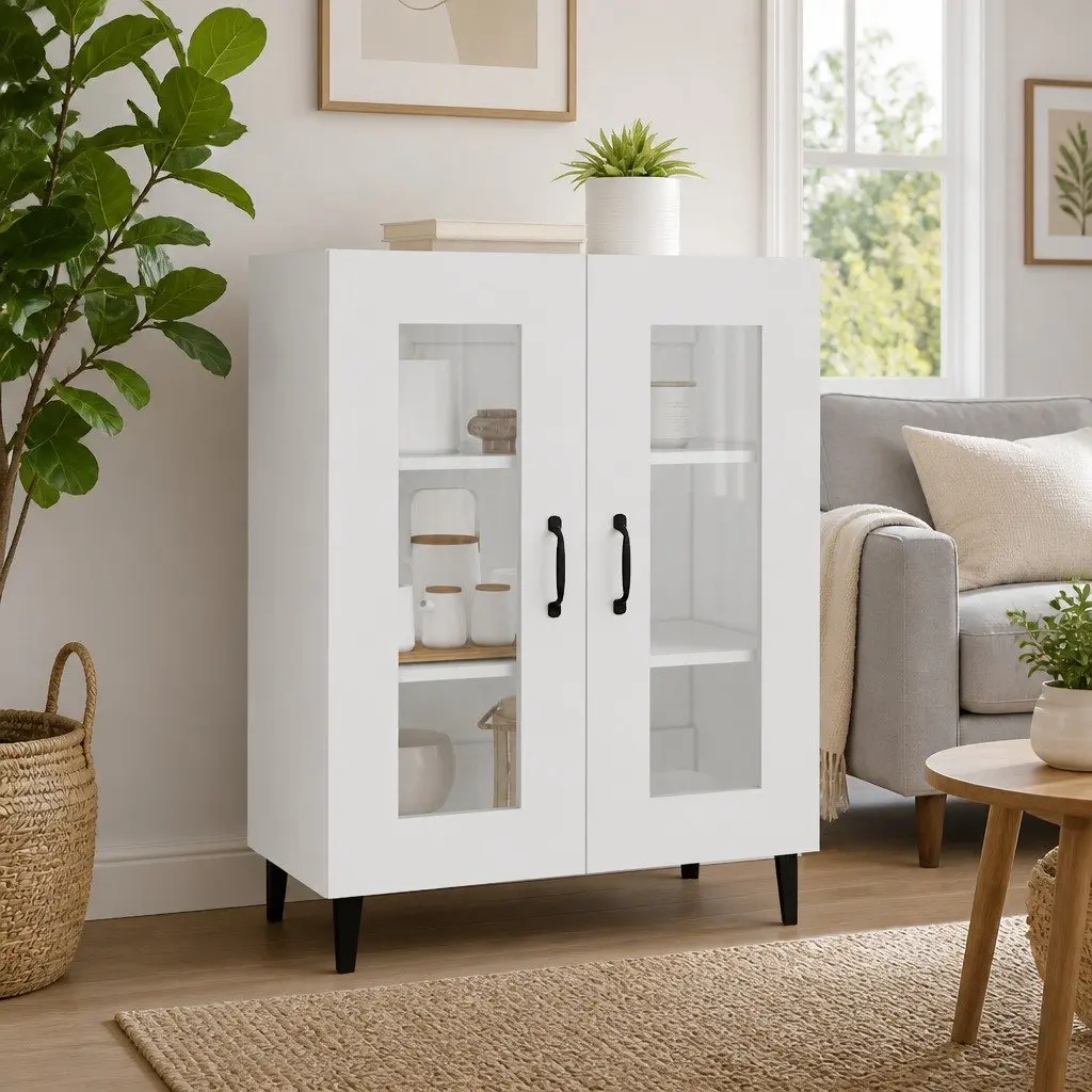 White Sideboard Cabinet for Living Room 69.5 x 34 x 90 cm with Glass Doors Storage Buffet Engineered Wood