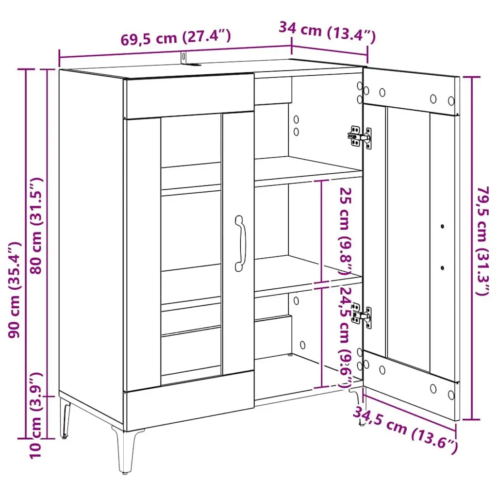 White Sideboard Cabinet for Living Room 69.5 x 34 x 90 cm with Glass Doors Storage Buffet Engineered Wood