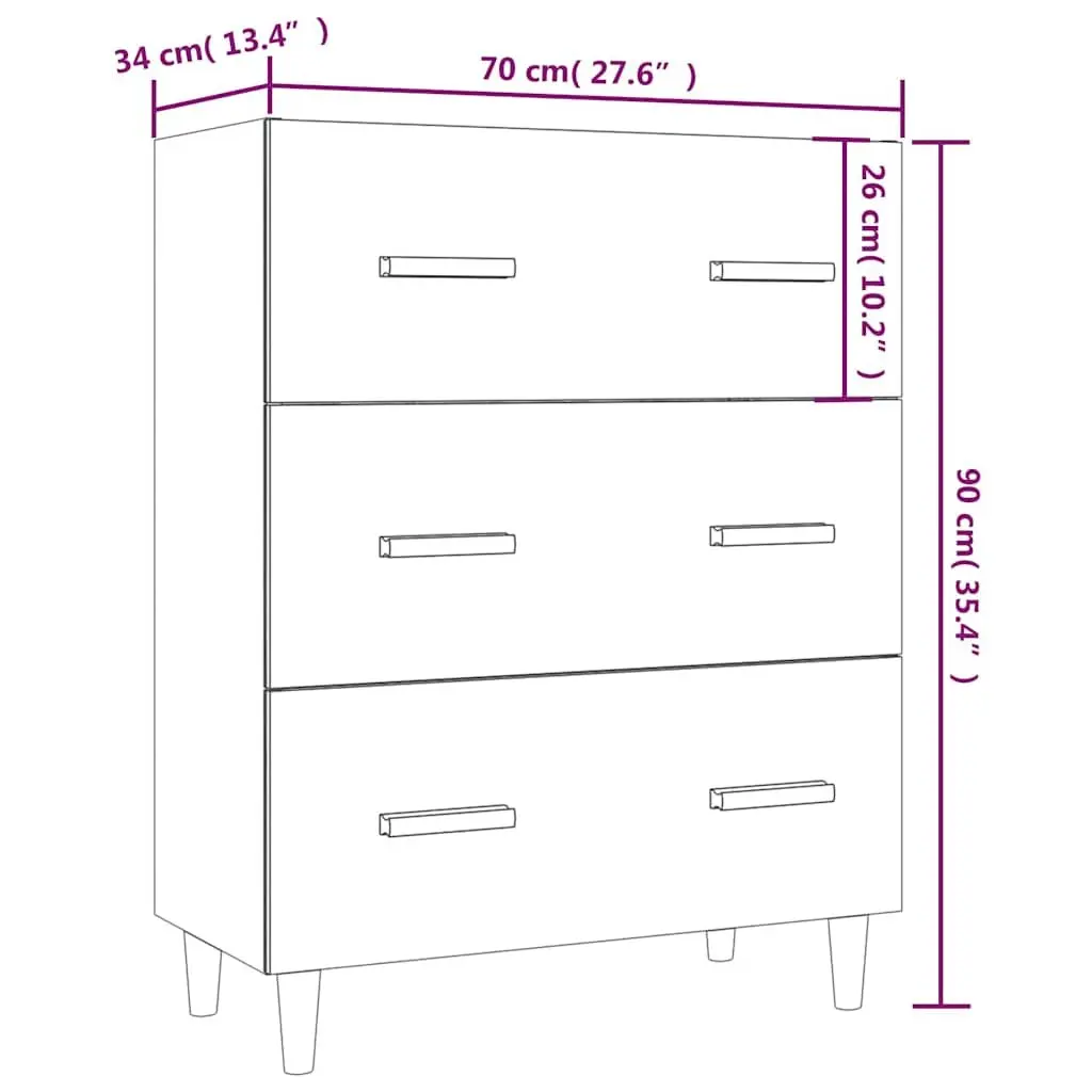 Grey Sideboard Storage Cabinet 70x34x90 cm, 3 Drawers