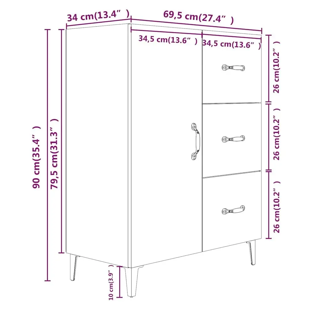 Black Sideboard Cabinet Storage Buffet 69.5x34x90cm
