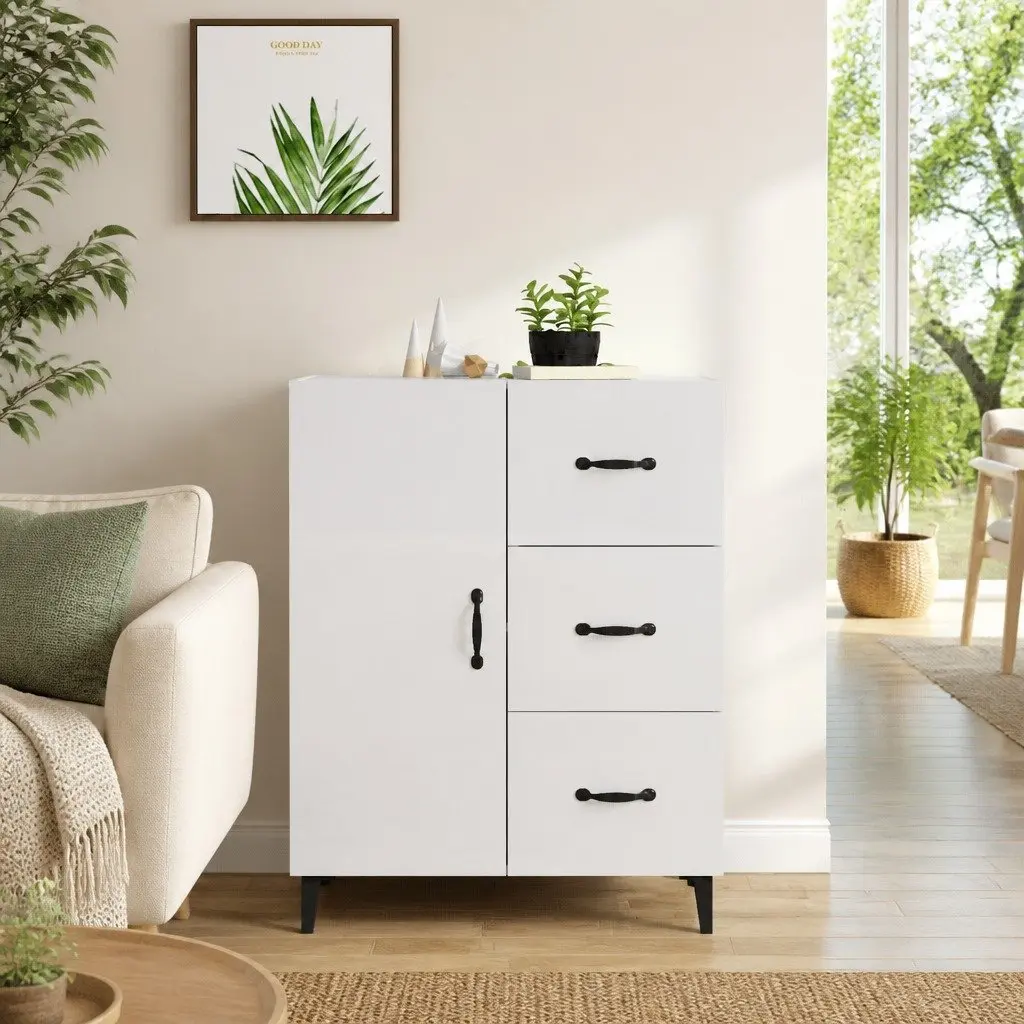 Sideboard Storage Cabinet for Home Use High Gloss White 1 Door 3 Drawers