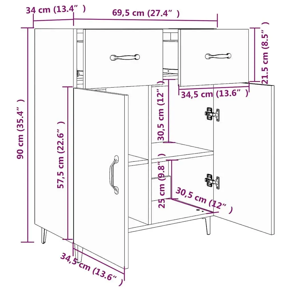 Sideboard High Gloss White 69.5x34x90cm Storage Cabinet 2 Doors 2 Drawers