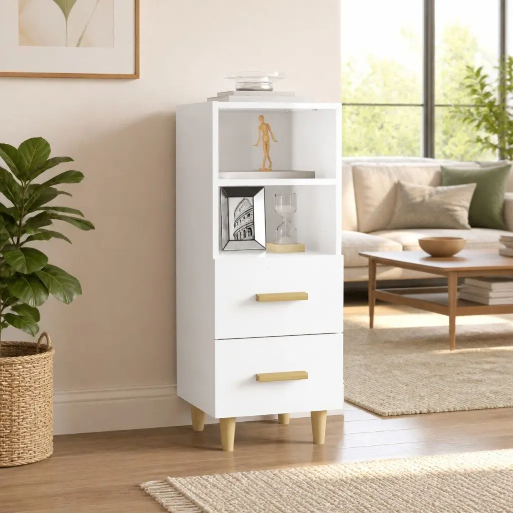 High Gloss White Sideboard Storage Cabinet Engineered Wood with 2 Drawers and 2 Shelves