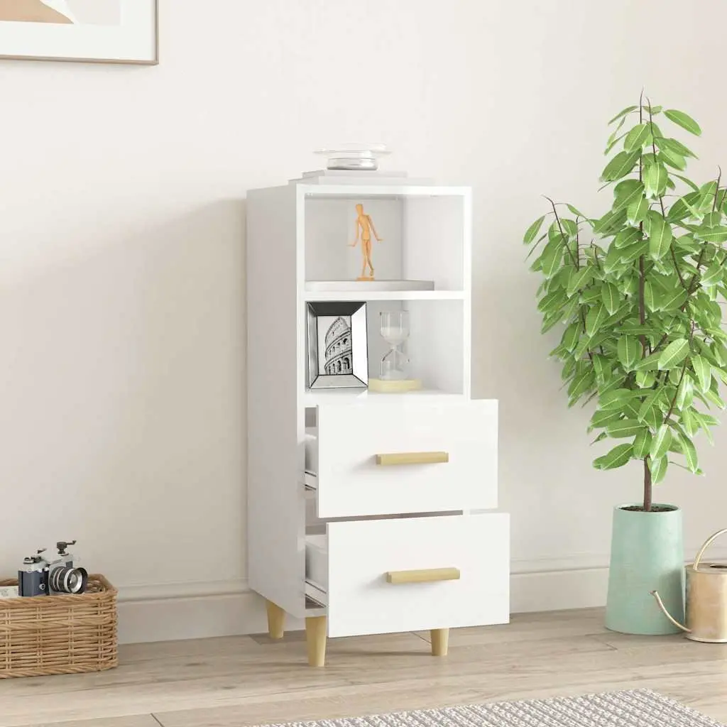 High Gloss White Sideboard Storage Cabinet Engineered Wood with 2 Drawers and 2 Shelves