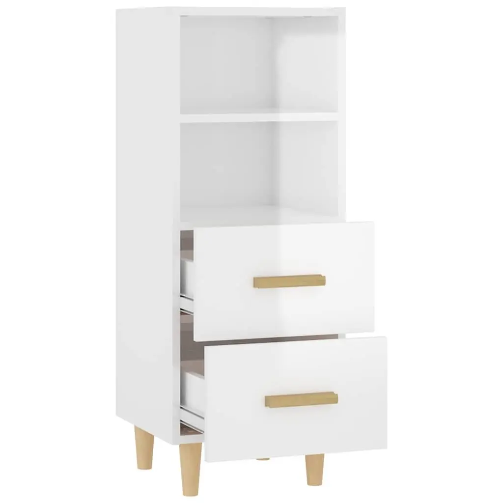 High Gloss White Sideboard Storage Cabinet Engineered Wood with 2 Drawers and 2 Shelves