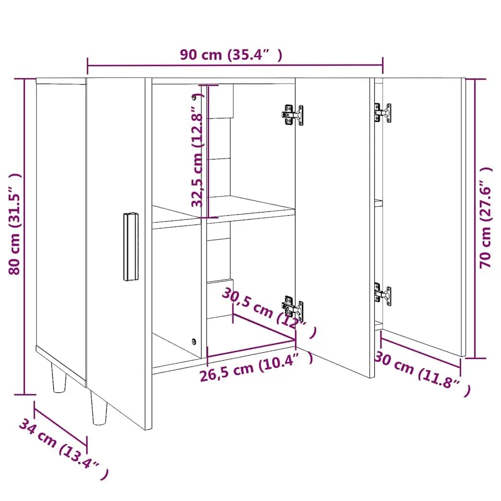 3-Door White Storage Cabinet Sideboard 90x34x80 cm