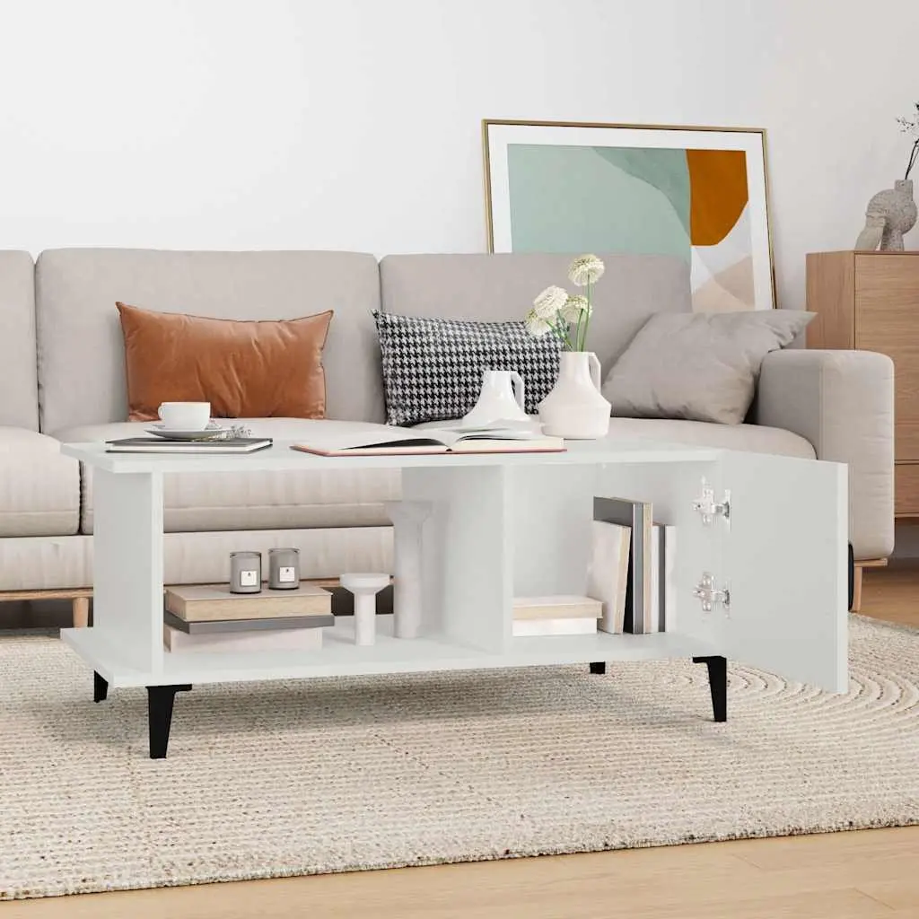 Coffee Table White 90x50x40 cm with Storage Compartment Shelf Metal Legs