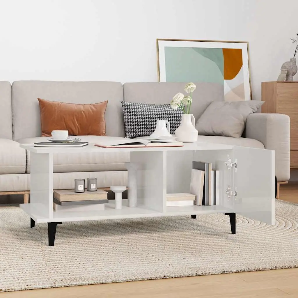Coffee Table Living Room 90L x 50W x 40H cm High Gloss White with Storage Compartment Shelf Metal Legs