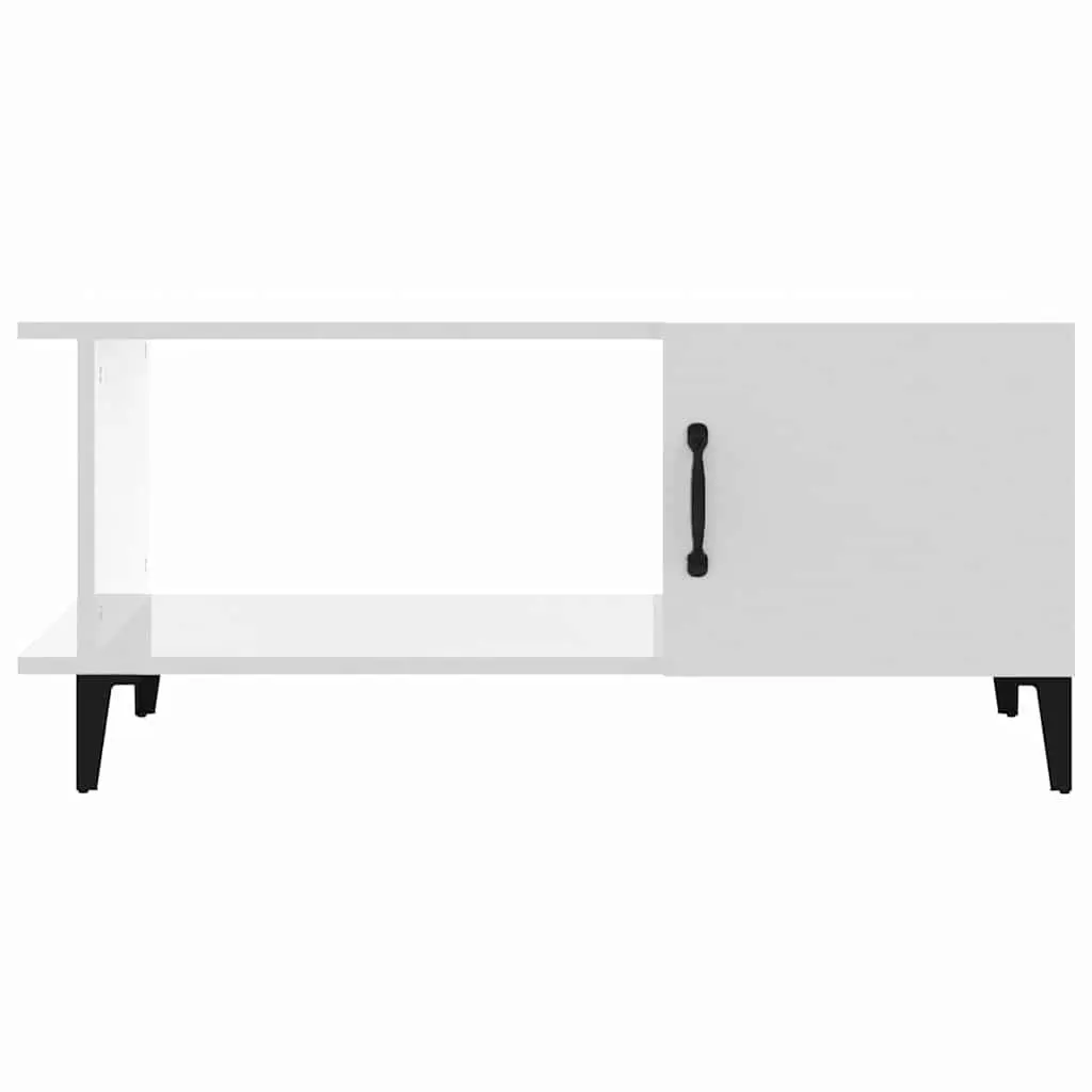Coffee Table Living Room 90L x 50W x 40H cm High Gloss White with Storage Compartment Shelf Metal Legs