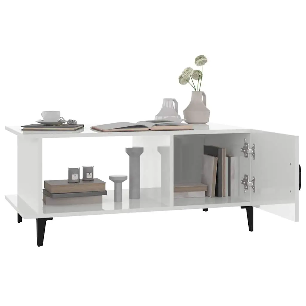 Coffee Table Living Room 90L x 50W x 40H cm High Gloss White with Storage Compartment Shelf Metal Legs