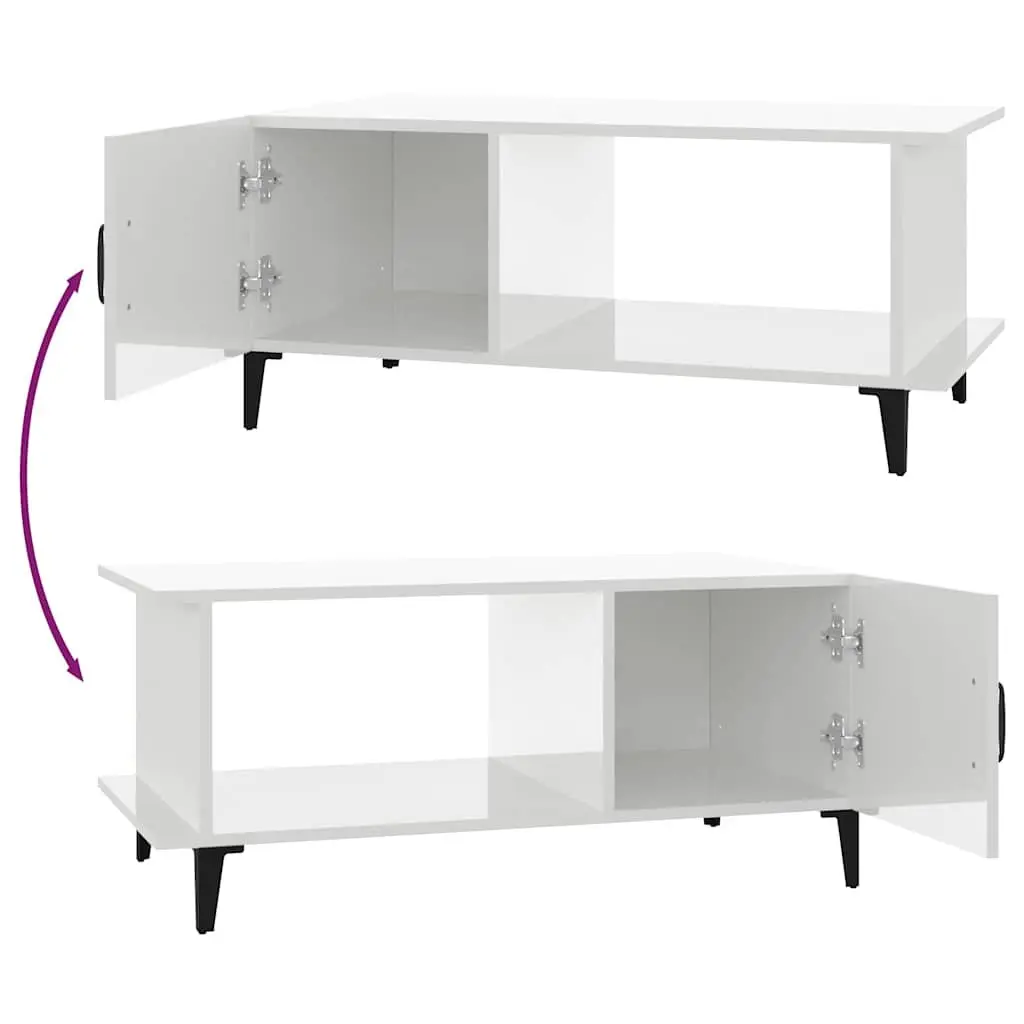 Coffee Table Living Room 90L x 50W x 40H cm High Gloss White with Storage Compartment Shelf Metal Legs