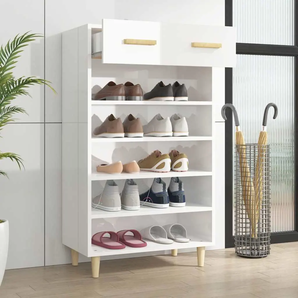 Tall Shoe Cabinet White Storage Organiser 5 Compartments 1 Drawer