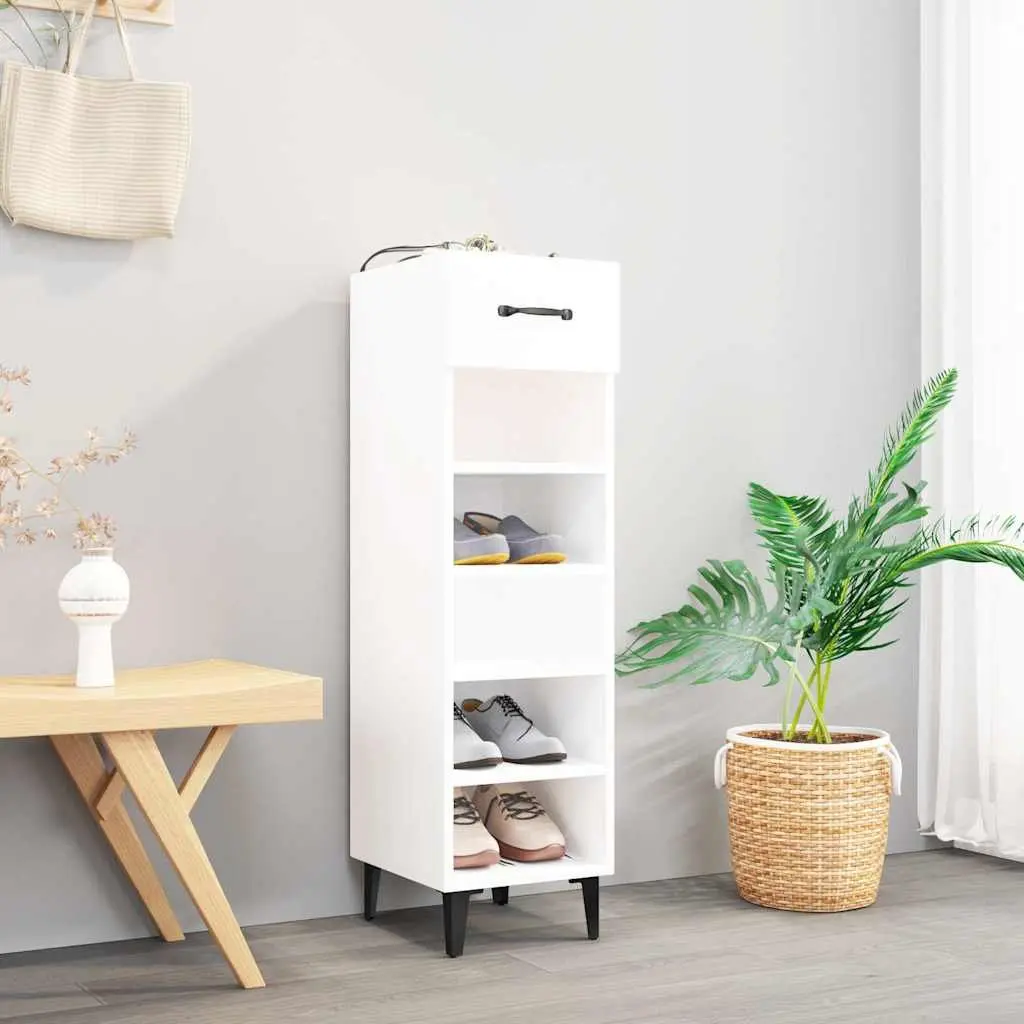 Shoe Cabinet Hallway 30W x 35D x 105H cm High Gloss White Storage Organiser Shelves Drawer