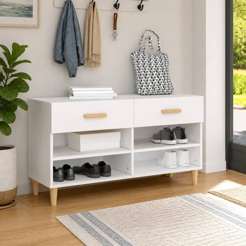 Shoe Cabinet White Storage Cupboard 2 Drawers 4 Compartments Organiser Rack