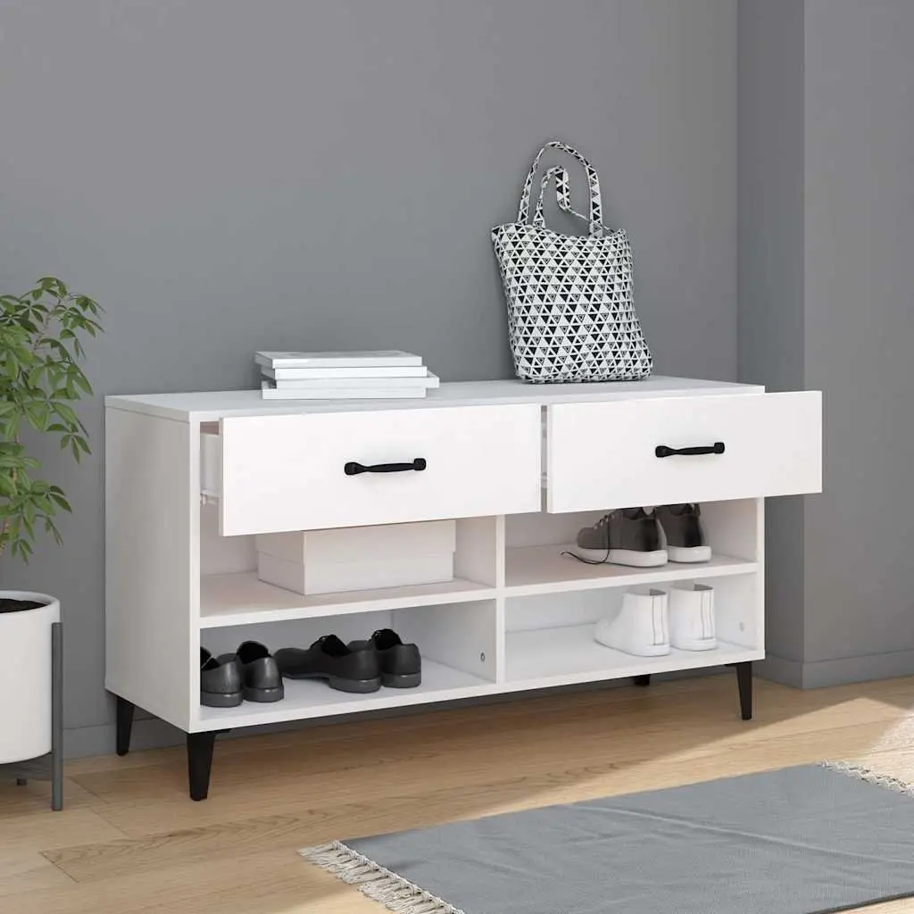 White Shoe Cabinet Storage Organiser 2 Drawers 4 Compartments Engineered Wood
