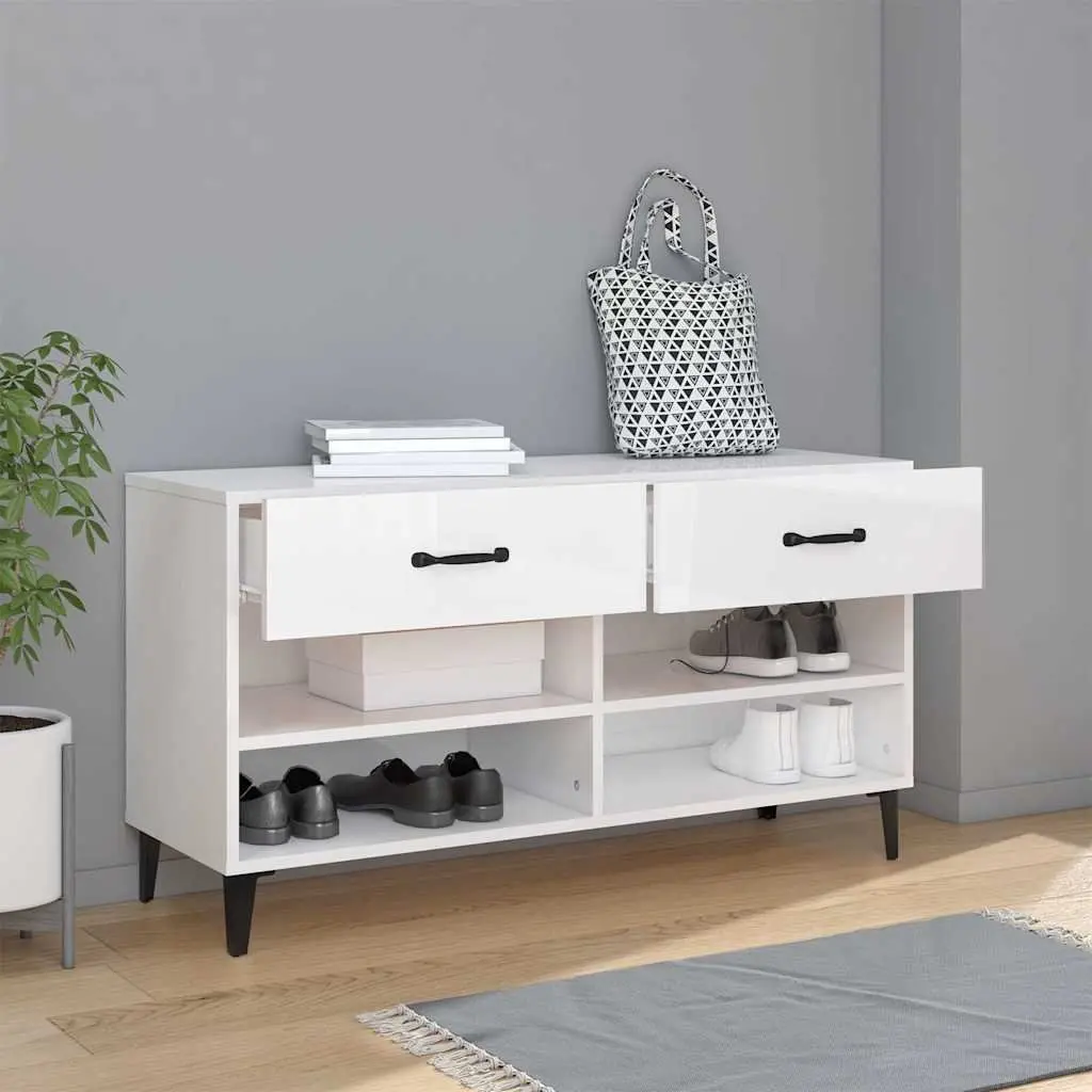 Shoe Cabinet White High Gloss Engineered Wood Storage Organiser 2 Drawers 4