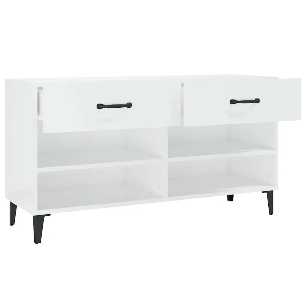 Shoe Cabinet White High Gloss Engineered Wood Storage Organiser 2 Drawers 4