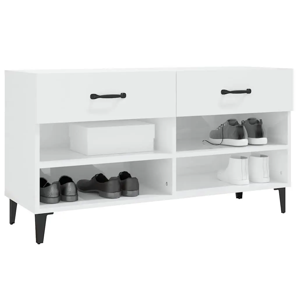 Shoe Cabinet White High Gloss Engineered Wood Storage Organiser 2 Drawers 4