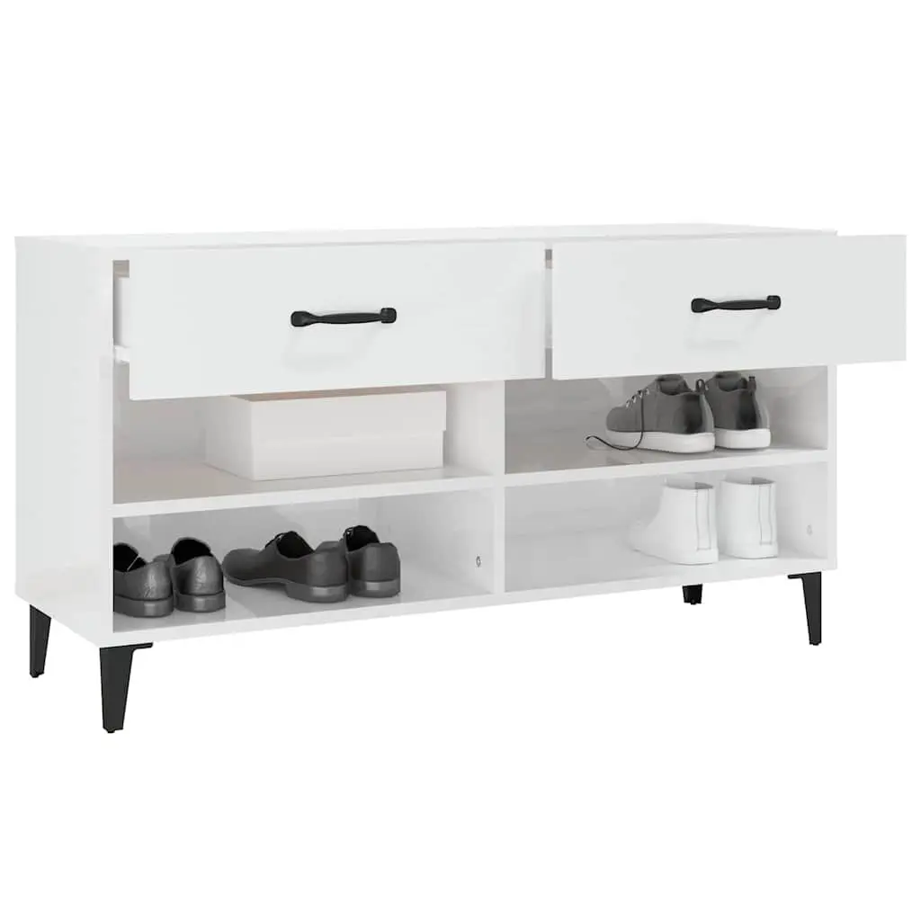 Shoe Cabinet White High Gloss Engineered Wood Storage Organiser 2 Drawers 4