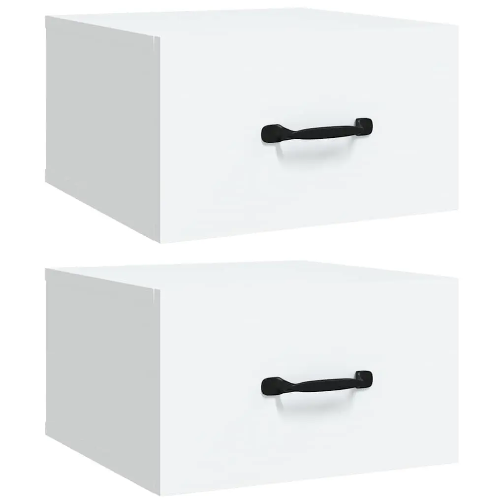 White Floating Nightstand Set for Walls 2 Pieces Engineered Wood Space Saving Storage
