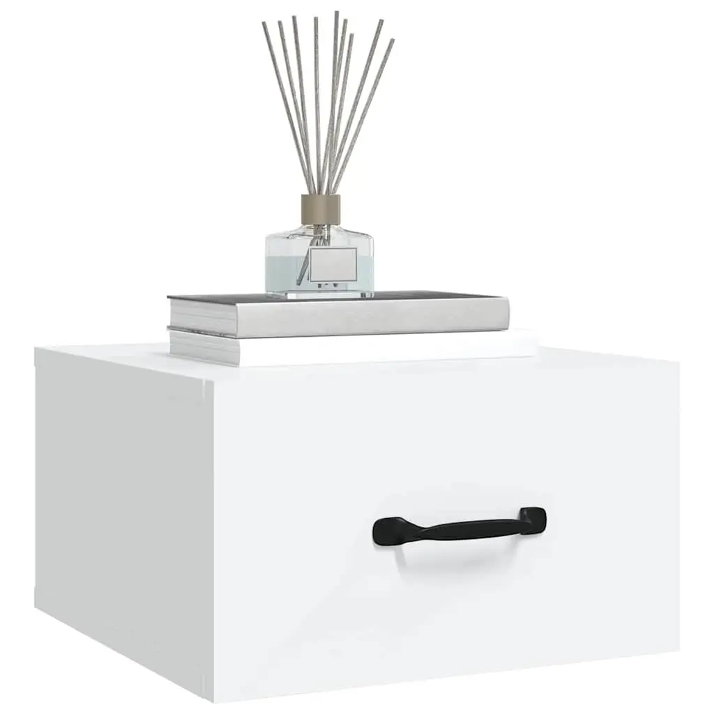 White Floating Nightstand Set for Walls 2 Pieces Engineered Wood Space Saving Storage