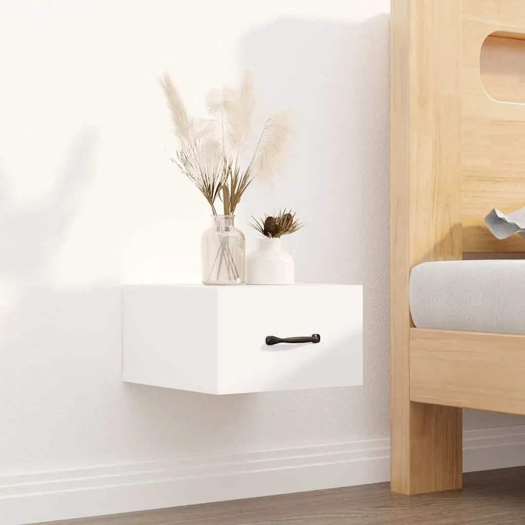 White Floating Nightstand Set for Walls 2 Pieces Engineered Wood Space Saving Storage