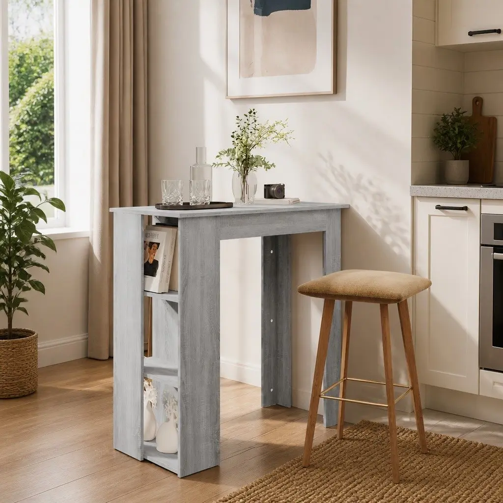 Bar Table Kitchen Dining Room Grey Compact with Storage Shelves