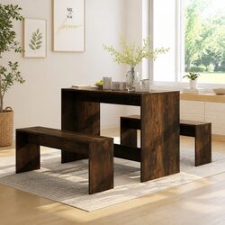 3 Piece Dining Set with Table and Benches - Brown Finish