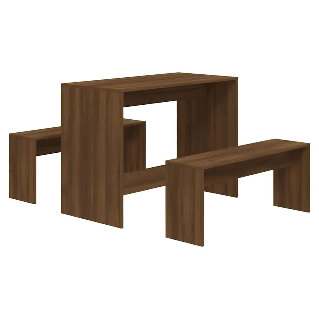 3 Piece Dining Set Brown Oak Engineered Wood Table Bench Kitchen Furniture