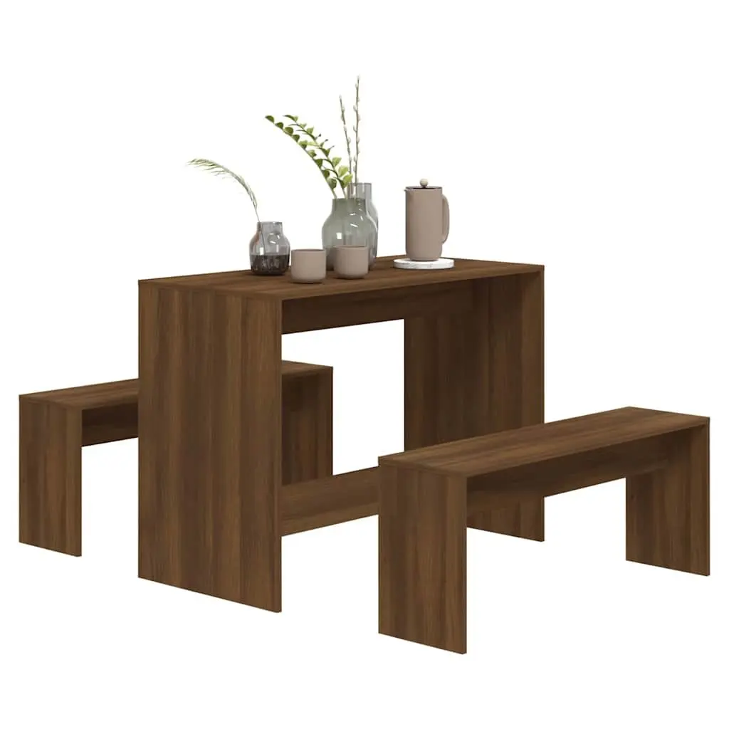 3 Piece Dining Set Brown Oak Engineered Wood Table Bench Kitchen Furniture